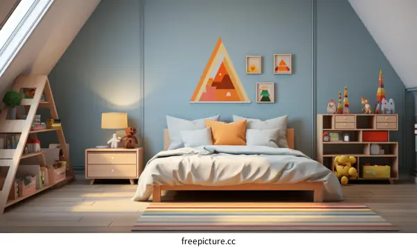 A Geometric Mountain Painting Enhances a Cozy and Colorful Bedroom