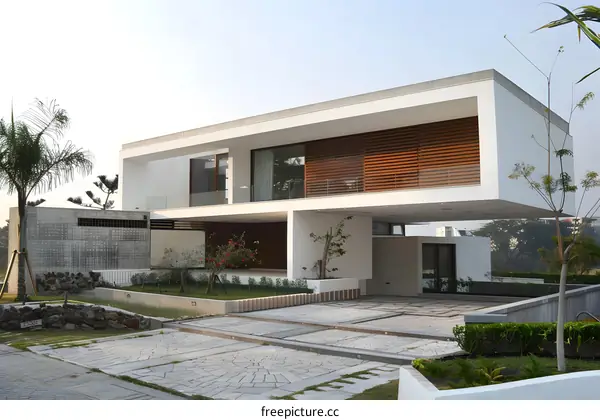 Modern Minimalist White House Exterior with Wooden Panels