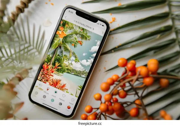 Tropical Beach Scene on Smartphone Screen