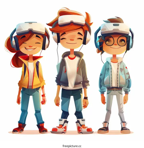 Three happy teenagers wearing virtual reality headsets