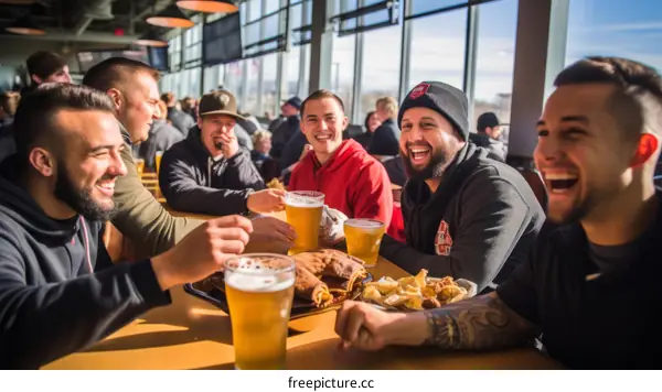 Group of friends laughing and drinking beer at a bar