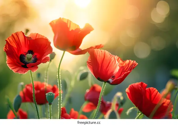 Red Poppy Flowers in a Field During Sunset
