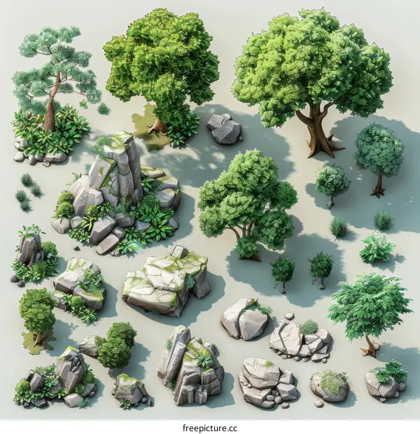 A Collection of Hand-Drawn Trees and Rocks