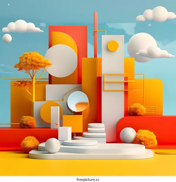3D rendering of an abstract geometric landscape with podiums and a tree