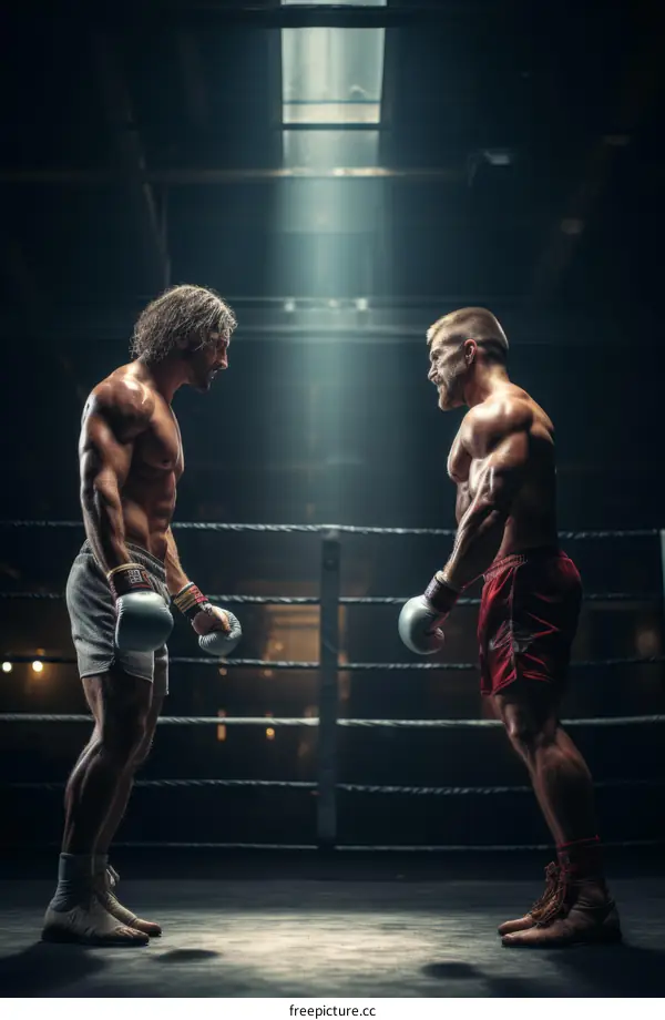 Two muscular male boxers facing off in a boxing ring