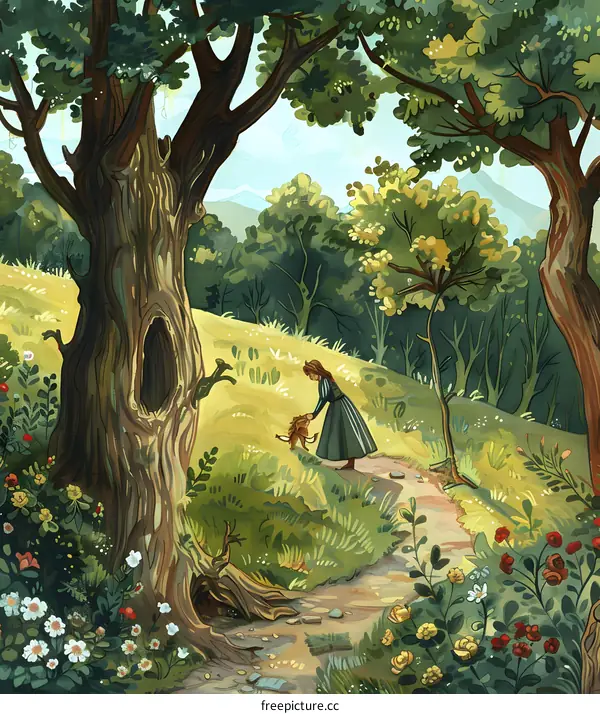 Woman Walking in the Forest with a Small Animal