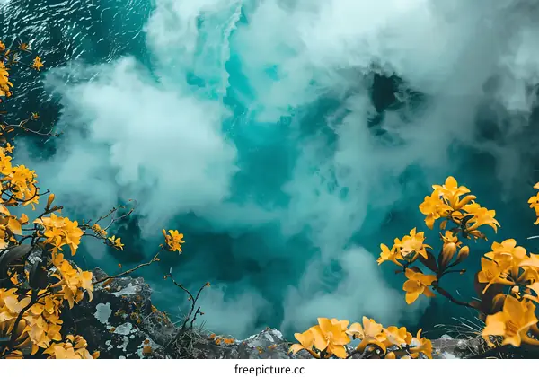 Yellow Flowers and Blue Water with Fog