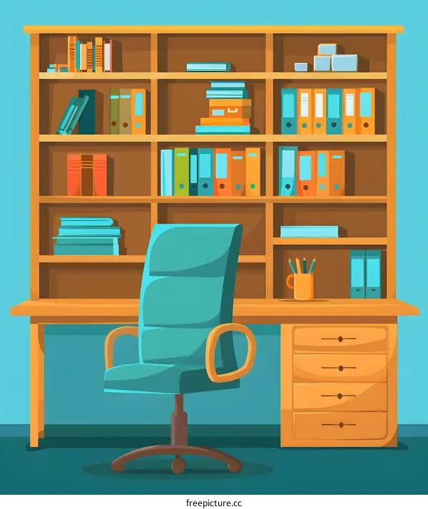Cartoon Illustration of a Modern Office Workplace with Desk, Chair and Bookshelf
