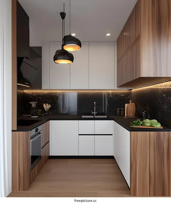 Modern Kitchen Interior Design with Wooden Cabinets and Black Marble Backsplash