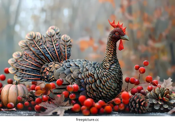 A ceramic turkey sits on a table among pumpkins and red berries