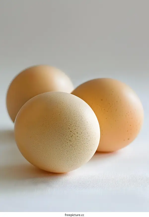 Three brown eggs on a white table