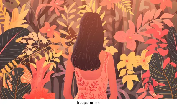 Woman With Long Brown Hair Standing In Front Of A Colorful Tropical Floral Background