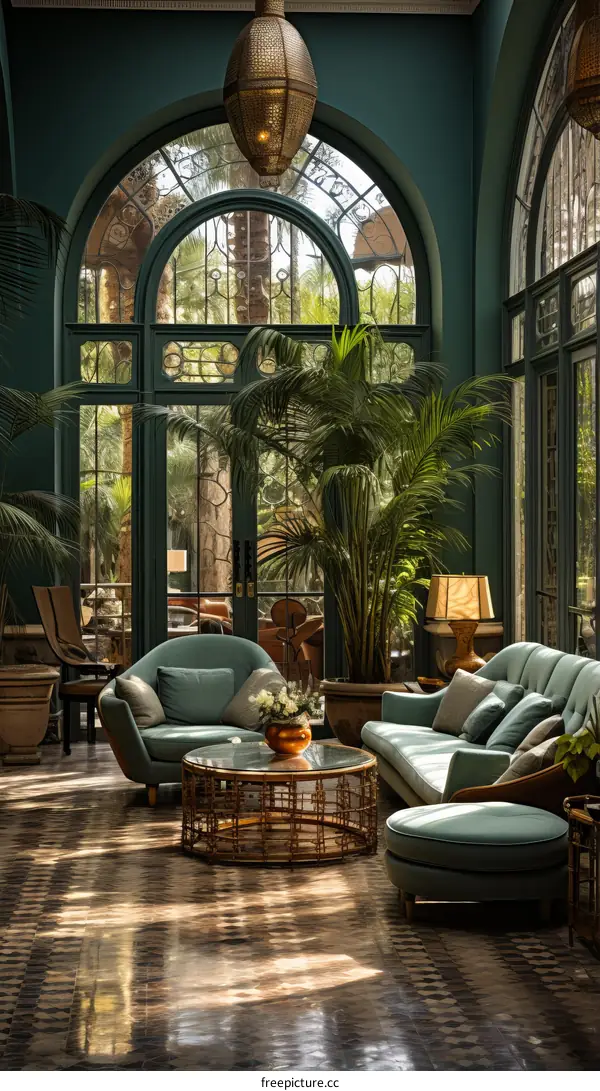 Elegant living room interior with green walls and large windows