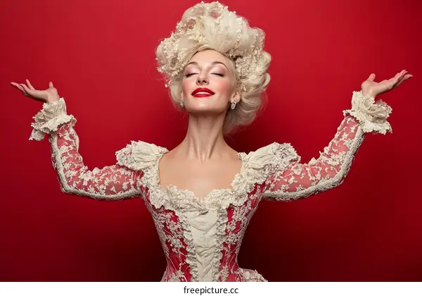 Elegant Woman in Baroque-Style Dress against Red Background