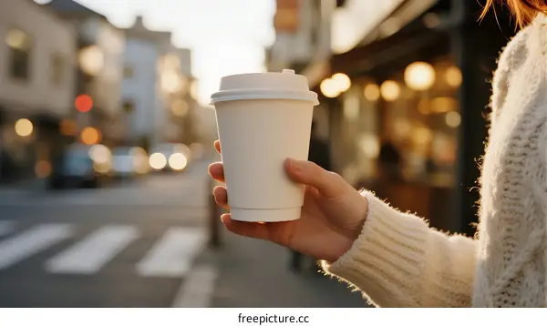 Person holding disposable coffee cup on city street at sunset