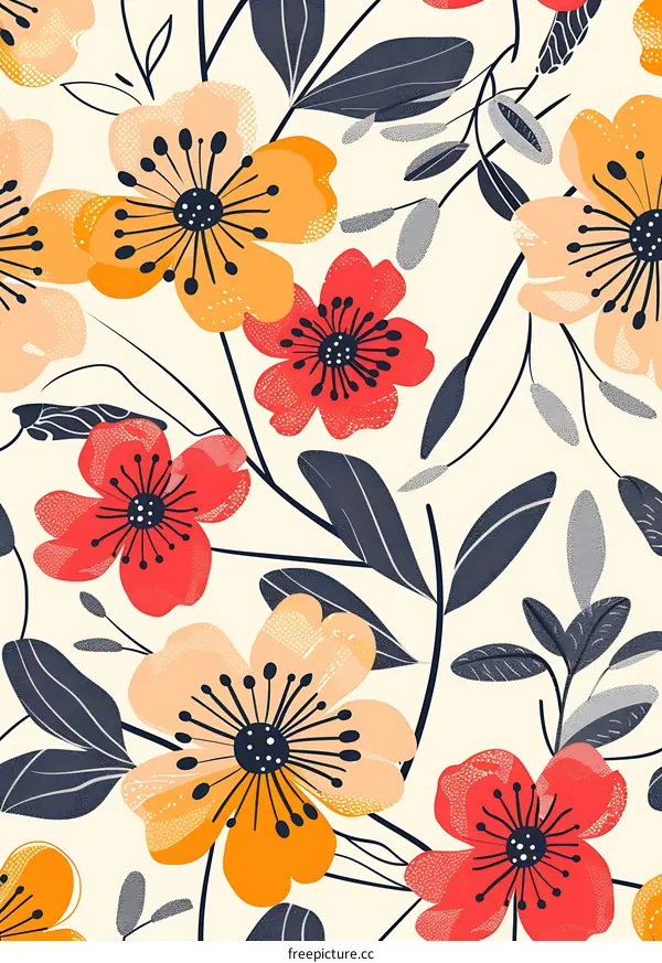 Abstract Floral Pattern With Red and Yellow Flowers