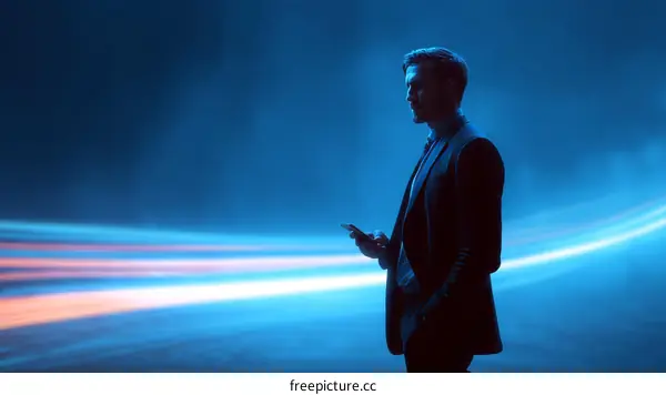 Businessman Using Smartphone in Futuristic Setting