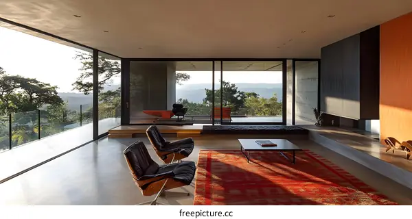 Modern Living Room with Floor to Ceiling Windows and Mountain View