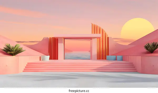Minimalist Sunset Landscape With Pink Architecture