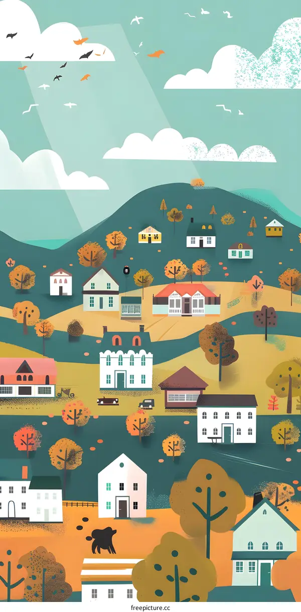 Autumn Village Landscape Illustration with Colorful Houses