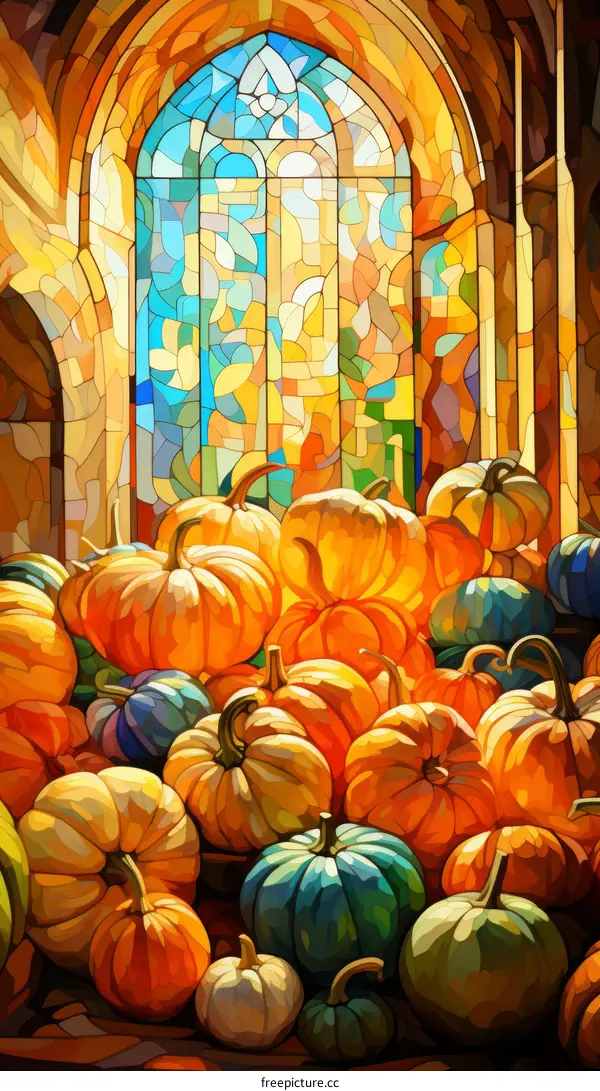 Pumpkin Harvest in Front of a Stained Glass Window