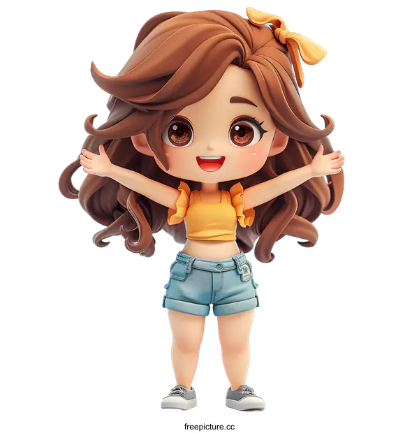 [Transparent Background PNG]cute cartoon girl with brown hair and brown eyes wearing a yellow shirt and blue shorts