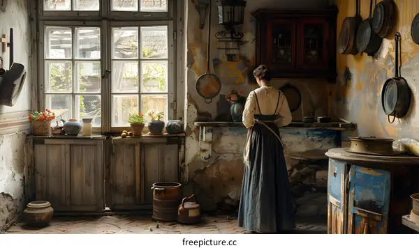 A woman in a historical kitchen