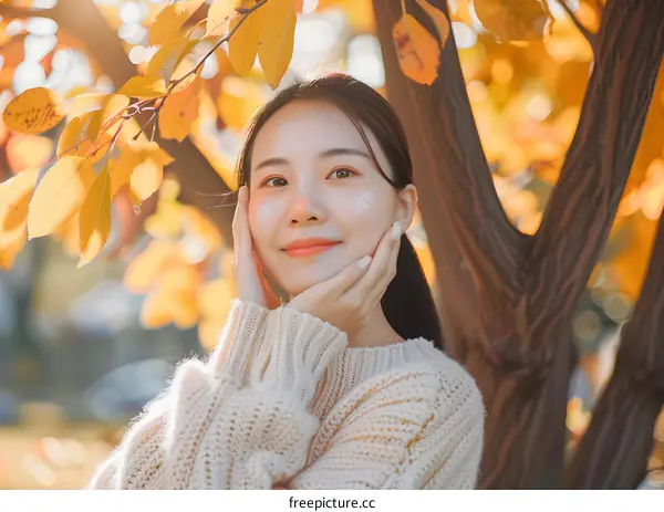 Smiling Asian Woman with Autumn Leaves in Background