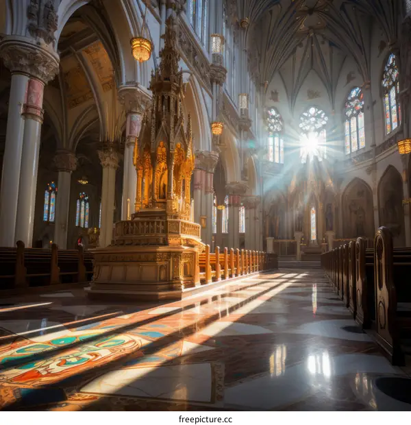 Church Interior with Stained Glass Windows