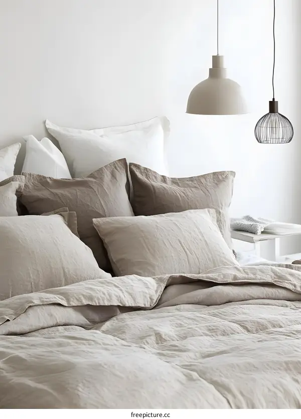 Beige Linen Bedding with Hanging Light Fixtures