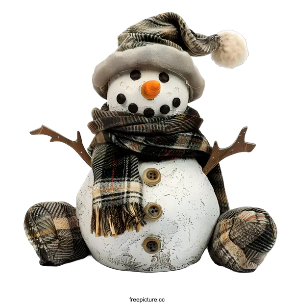 [Transparent Background PNG]Handmade Winter Snowman Decor Sitting With Plaid Scarf