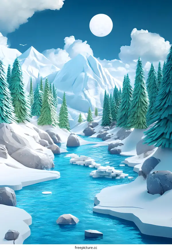 Low Poly Winter Landscape with River and Mountains