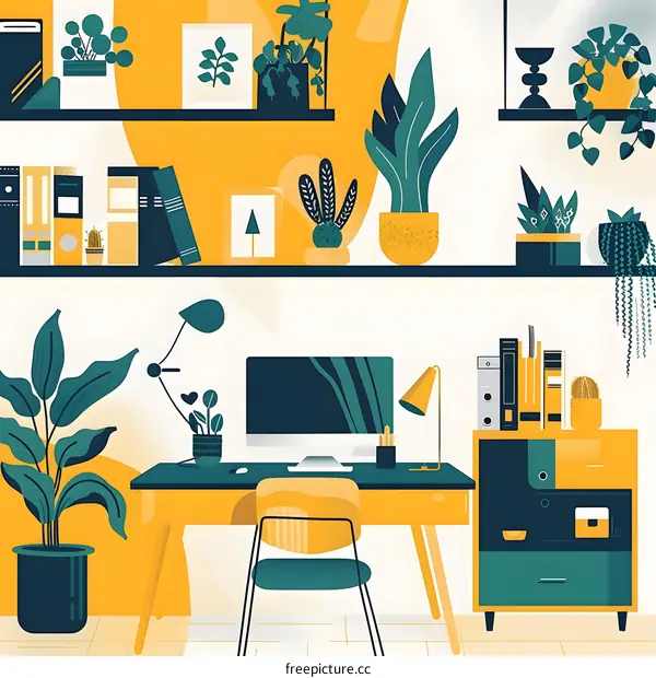 Modern Home Office Workspace with Plants and Yellow Accents