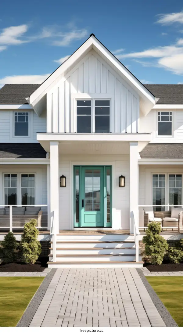 White Modern Farmhouse Exterior with Blue Accents and Porch
