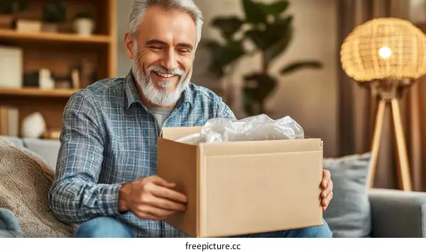 Happy Man Opening a Cardboard Box Delivery