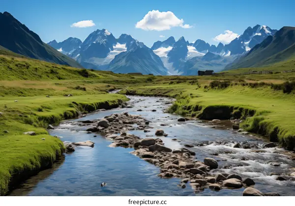 Scenic mountain river landscape with snow capped mountain peaks in the distance