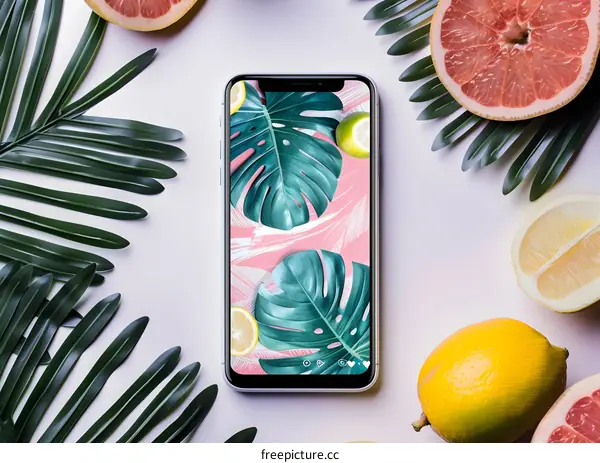 Tropical Leaves and Fruit Surrounding a Smartphone