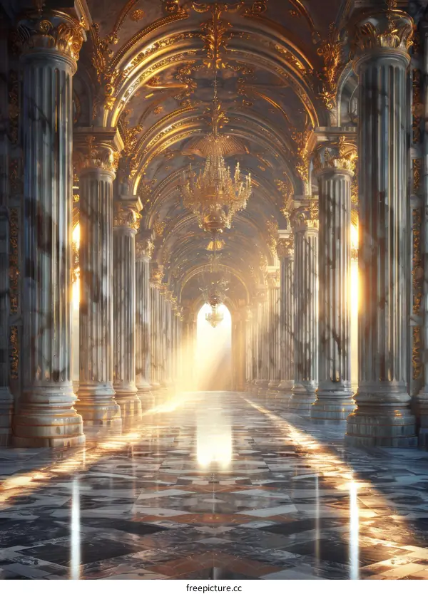 ornate hallway with marble columns and golden accents