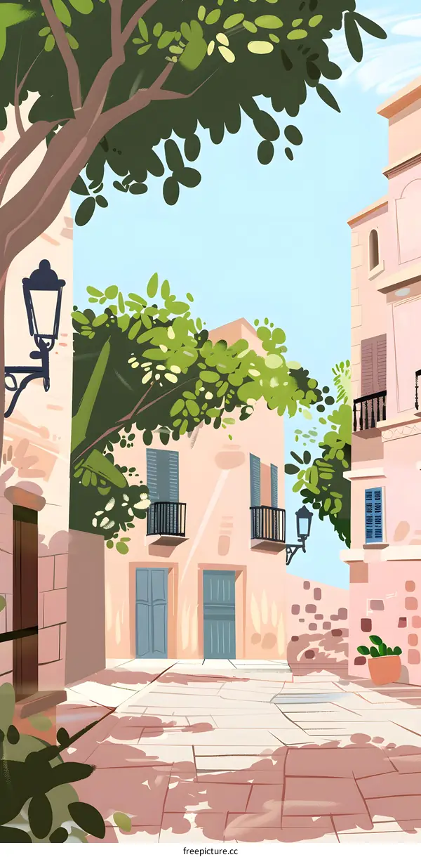 Colorful Illustration of a European City Street with Buildings and Trees