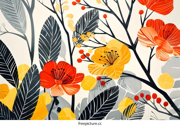 Floral Watercolor Painting with Yellow and Red Flowers