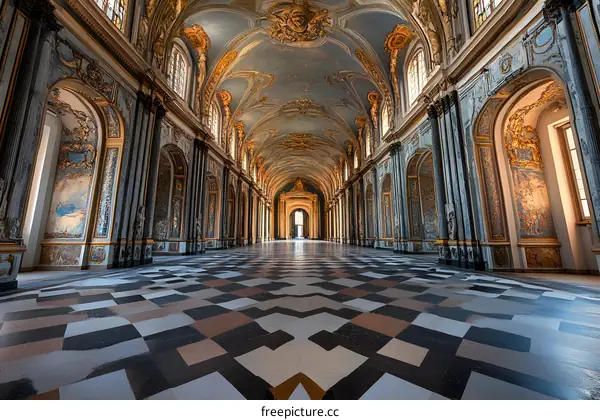 Grand Hallway With Checkered Floor And Arched Ceilings