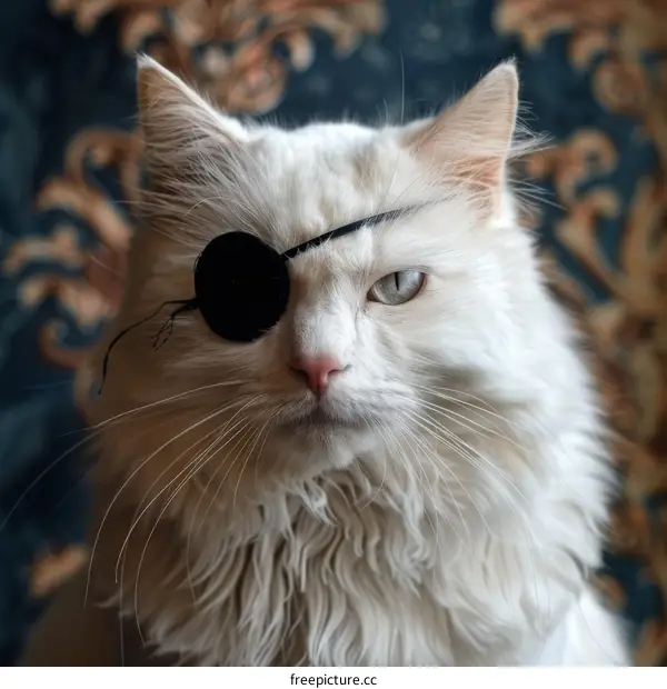 Portrait of a white cat wearing an eye patch