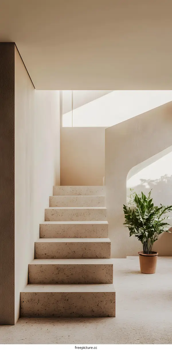 Minimalist Interior Design with Concrete Stairs and Plant