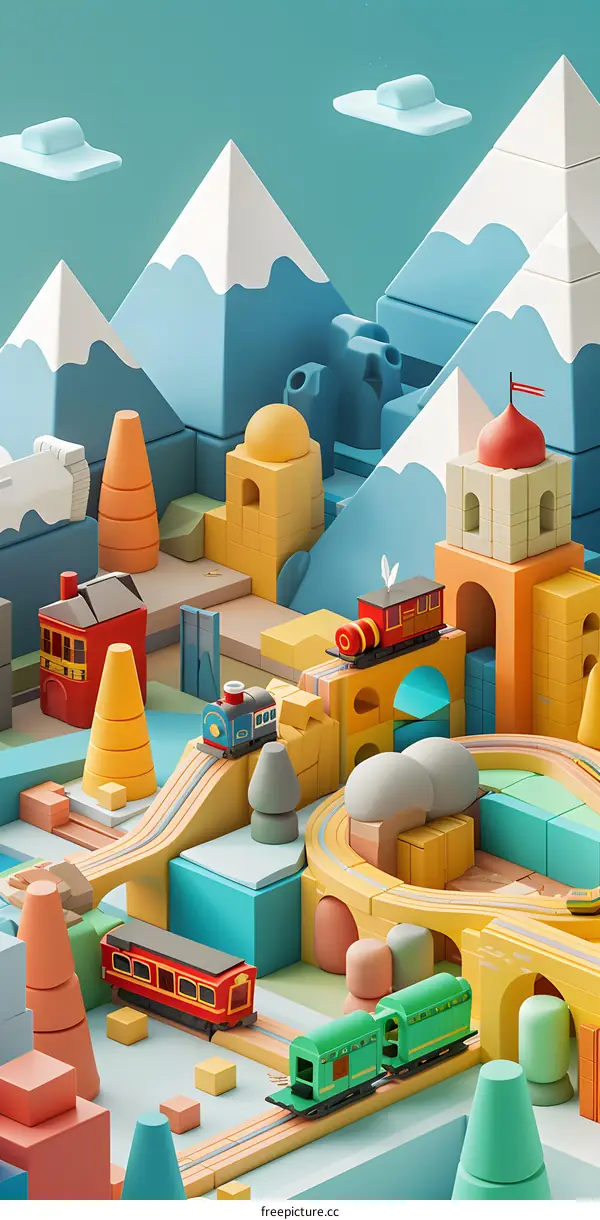 Colorful 3D illustration of a toy train set in a mountainous landscape