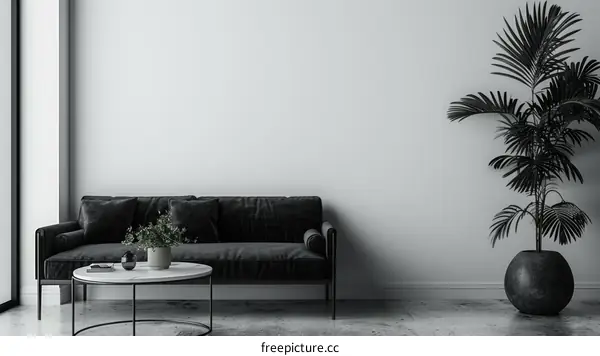 Black and white living room interior with sofa, coffee table, plant and large windows