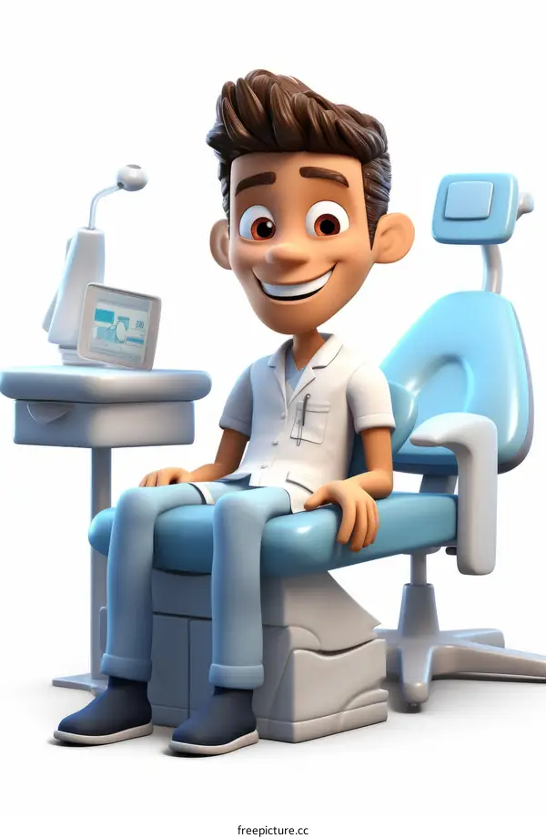 A dentist is sitting in a dentist's chair and smiling at the camera