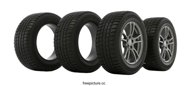 [Transparent Background PNG]Four black car tires arranged in a row with visible rims