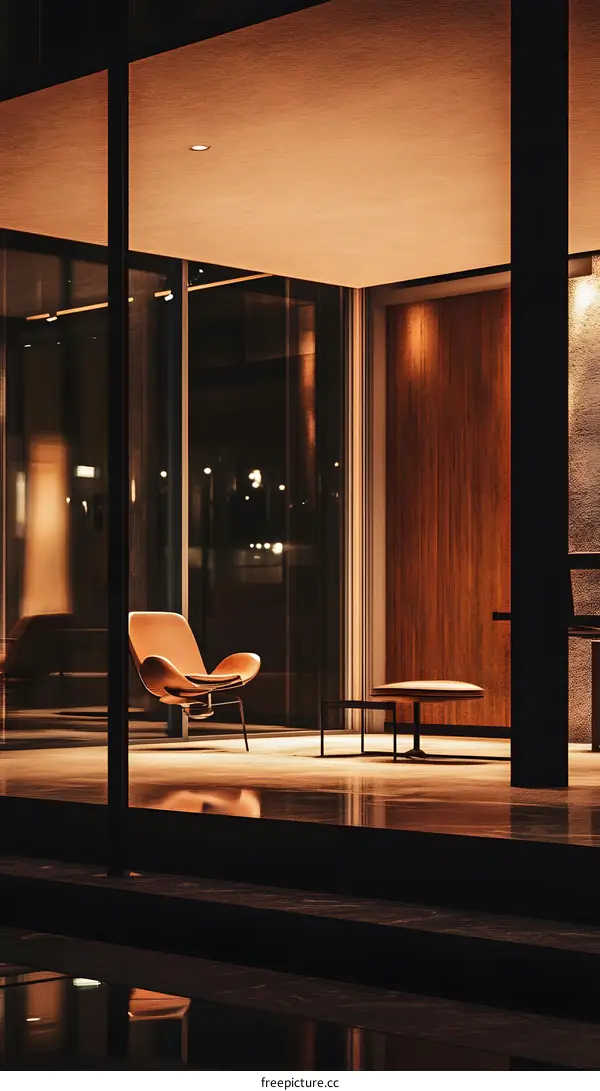 Modern Minimalist Architecture With A Single Chair In A Room With Glass Walls