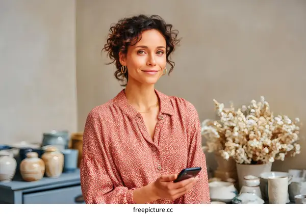Woman Using Smartphone in a Cozy Studio