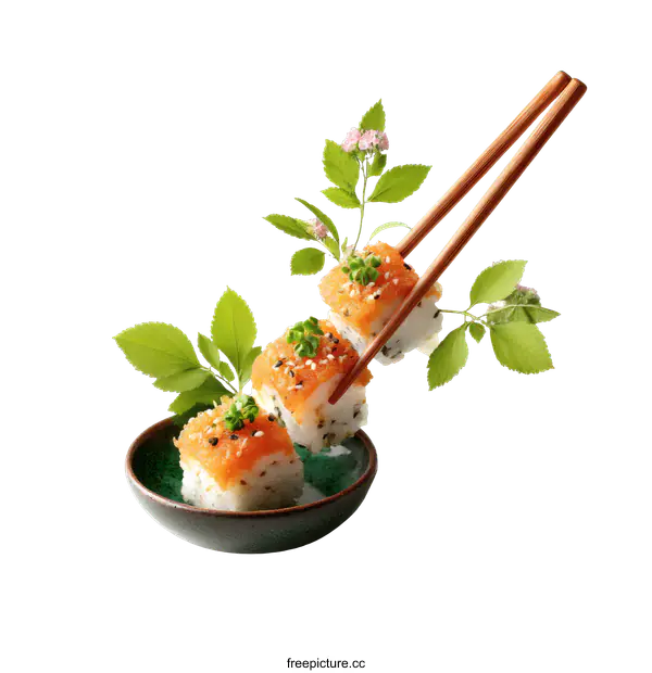 [Transparent Background PNG]Creative Sushi Display with Chopsticks and Flowers